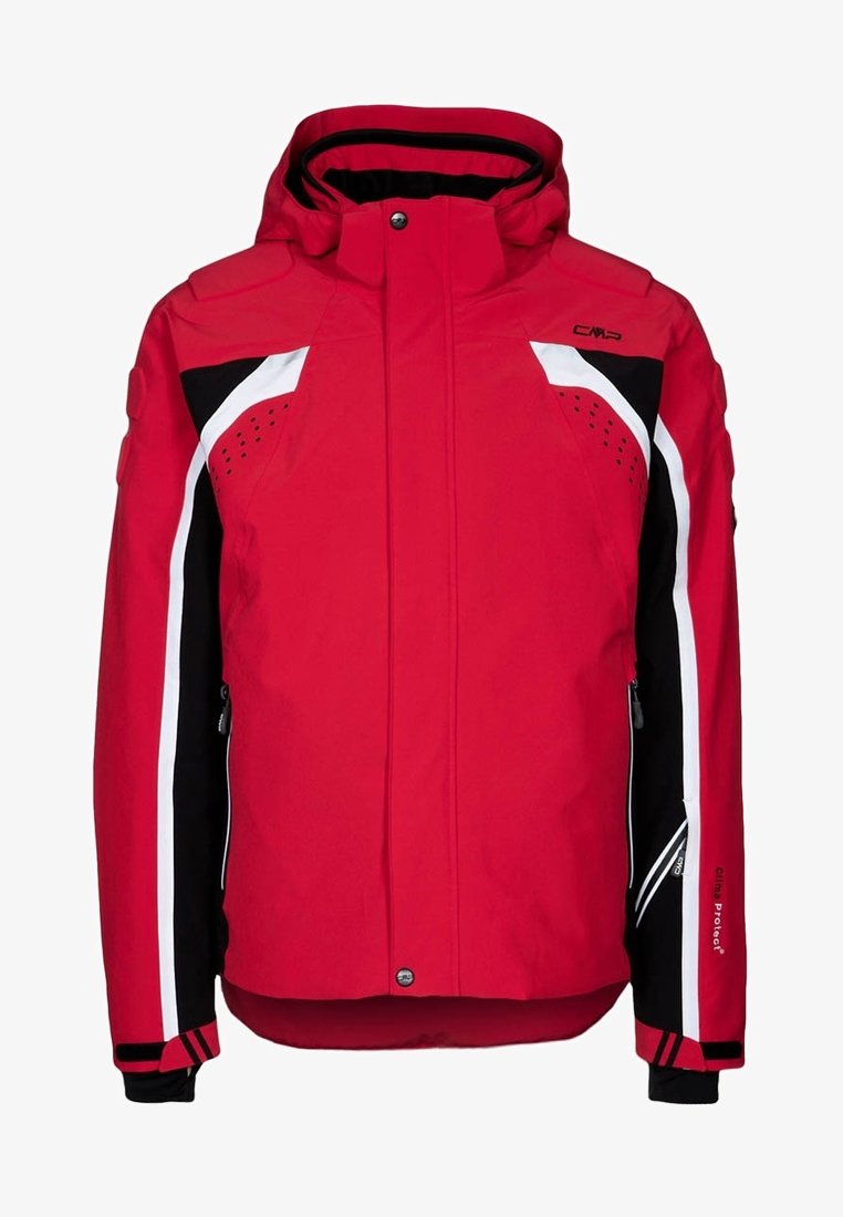 Chaqueta de esquí roja con detalles en negro y blanco, que incluye capucha, bolsillos con cremallera y detalles de ventilación en los hombros. Material impermeable.