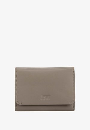Small taupe leather wallet with stitched edges and a front flap embossed with the brand name "Jost."