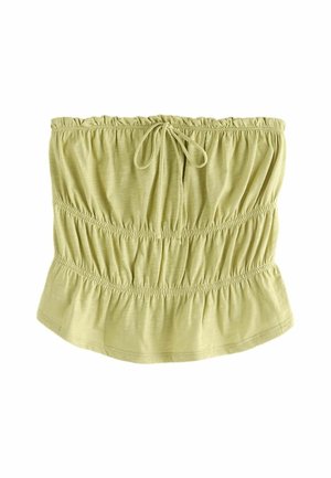 Jasnozielony top bez ramiączek z elastycznymi marszczeniami i zawiązaną kokardą na środku z przodu.