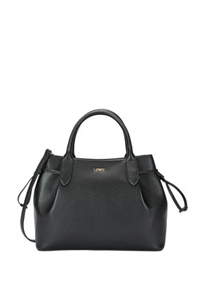 Schwarze strukturierte Lederhandtasche mit doppelten Griffen, abnehmbarem Schulterriemen und kleinem goldenen Markenlogo vorne in der Mitte.