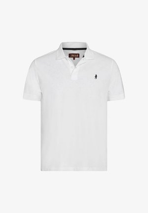 Bijela polo majica od pamuka. Ima kratku placket sa dva dugmeta i mali crni logo na lijevoj strani prsnog koša. Klasičan kroj i kratki rukavi.