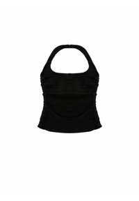 Top nero a collo alto realizzato in tessuto elasticizzato, con arricciature laterali e scollatura arrotondata, che creano una silhouette aderente.