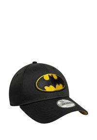 Casquette noire avec un logo Batman jaune brodé à l'avant. Présente une visière incurvée et un tissu texturé. Ajustable pour s'adapter à la taille.