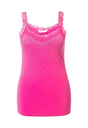 Camisola rosa con bordo in pizzo e spalline regolabili, caratterizzata da un motivo a gradiente di piccoli strass sulla parte anteriore. Tessuto morbido.