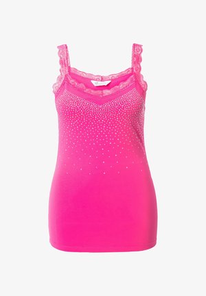 Różowa koszulka na ramiączkach z koronkowym wykończeniem i regulowanymi ramiączkami, z gradientowym wzorem małych kryształków po przodzie. Gładka faktura materiału.
