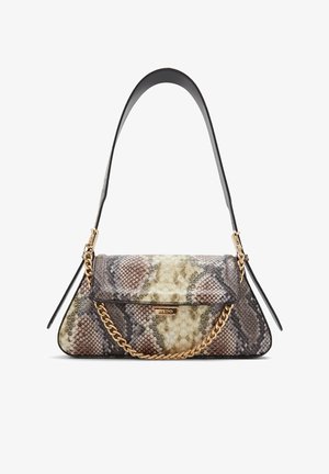 Borsa pieghevole in stampa pitonata con tonalità beige, marrone e nero. Presenta un accent in catena dorata e una tracolla liscia nera.