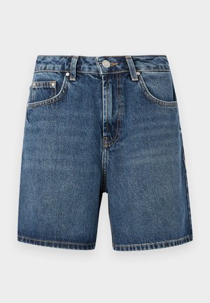Shorts en denim bleu avec bouton à l'avant, fermeture éclair, passants de ceinture et design à cinq poches dans le style jean classique.