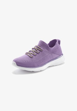 Purple knitted athletic shoe with a sock-like design, white rubber sole, and metallic laces. Features a textured upper and contoured shape.