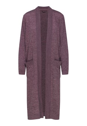 Długi kardigan z teksturowanego materiału w ciemnofioletowym kolorze. Projekt z otwartym przodem, długimi rękawami i dwiema kieszeniami z przodu dla większej funkcjonalności.