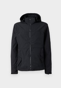 Black lightweight jacket with a hood, zip closure, two front pockets, and textured fabric. Features a straight cut and minimalistic design.