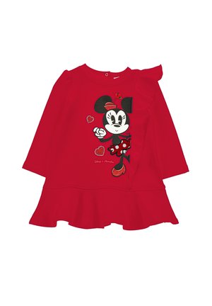 Rød børnekjole med lange ærmer med Minnie Mouse-tryk, ruffledetalje på den ene skulder og udvidet kant.