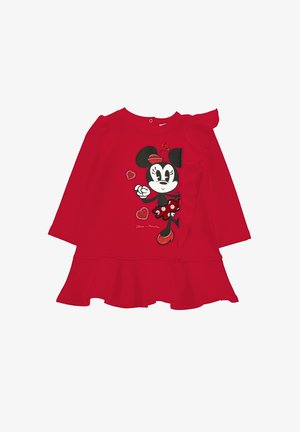 Robe longue à manches longues pour enfant rouge avec impression Minnie Mouse, détail volanté sur une épaule et ourlet évasé.
