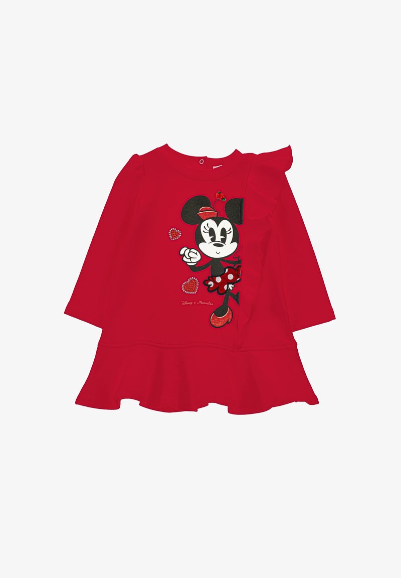 Robe longue à manches longues pour enfant rouge avec impression Minnie Mouse, détail volanté sur une épaule et ourlet évasé.