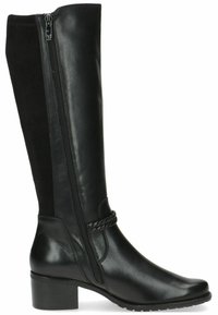 Botas negras hasta la rodilla que combinan cuero liso y ante mate. Cierre de cremallera en el lateral y un detalle trenzado sobre el tacón.