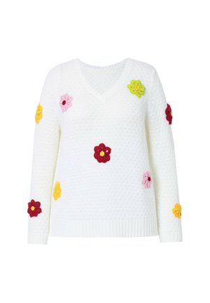 Valkoinen neulottu villapaita, jossa on V-pääntie. Paidassa on värikkäitä brodeerattuja kukkia pinkissä, keltaisessa, punaisessa ja vihreässä väriässä vartalolla ja hihoissa.