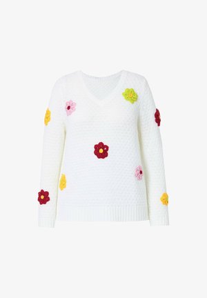 Maglione bianco lavorato a maglia con scollo a V. Presenta fiori ricamati colorati in rosa, giallo, rosso e verde sul corpo e sulle maniche.