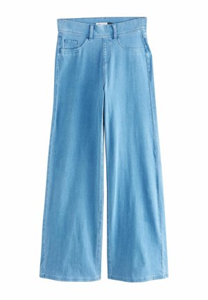 Jasnoniebieskie szerokie jeansy z przodu z kieszeniami oraz kieszonką na monety, szlufkami na pasek i wysokim stanem.