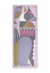 Tissu abstrait avec un fond rose présentant un motif géométrique de chien et d'oiseau en violet, gris, marron et blanc, avec des accents décoratifs.