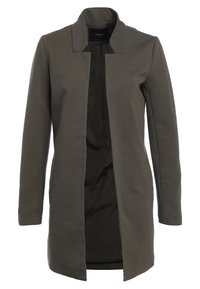 Long manteau vert foncé avec un col structuré, une ouverture à l'avant et un tissu texturé. Doublure intérieure lisse et manches longues.