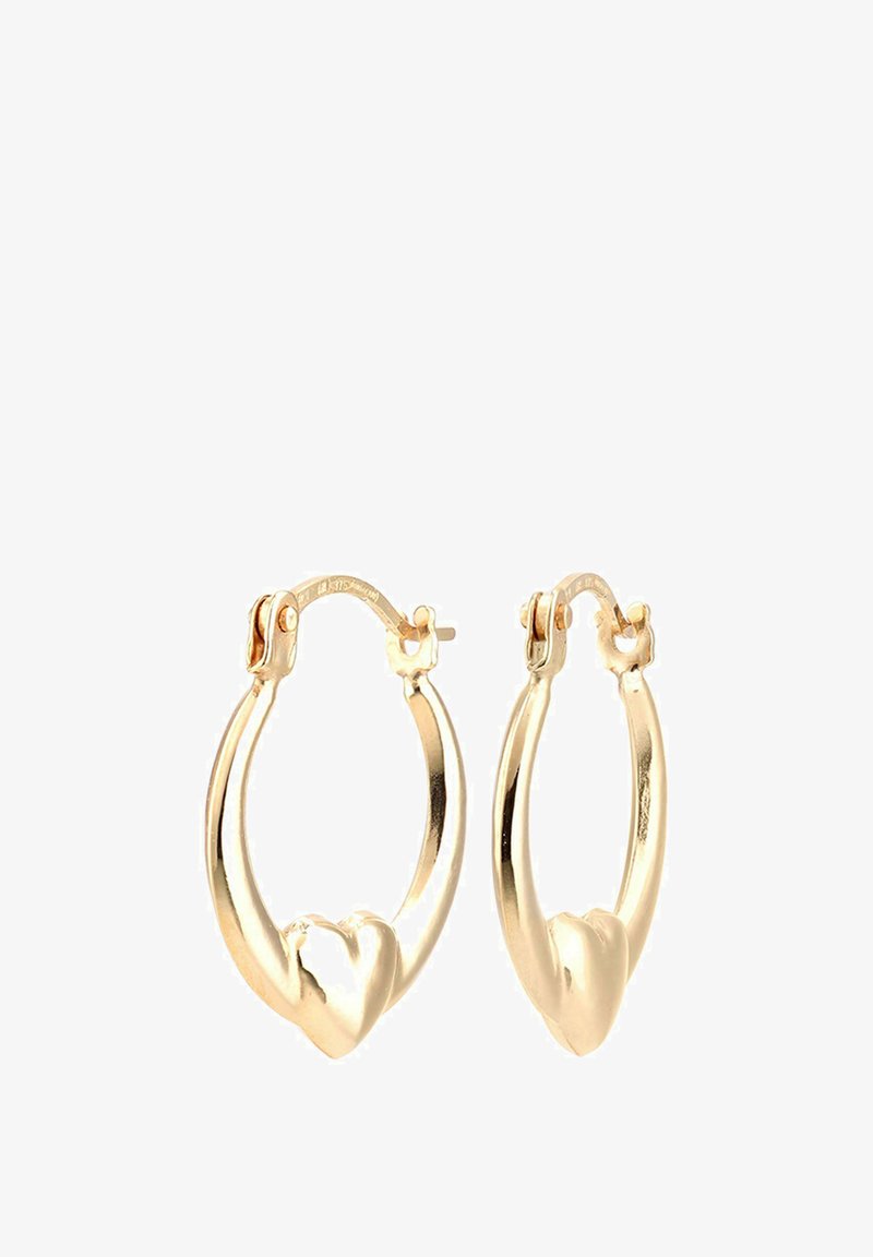 Zlate uhane v obliki obroča s srčno obliko imajo poliran zaključek in varen zapirni mehanizem. Gladka, ukrivljena oblika povečuje eleganco.