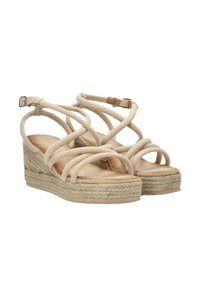 Sandalias de cuña de color beige con tiras, plataforma de yute trenzado, material suave similar al ante, correa en el tobillo ajustable y plantilla texturizada.