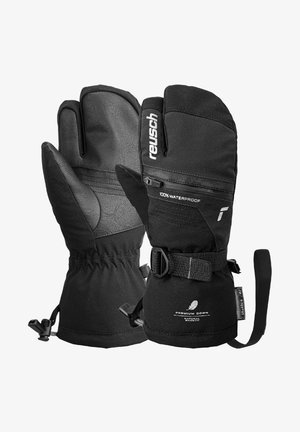 Moufles imperméables noires avec une couche extérieure synthétique, des paumes en cuir, des sangles de poignet réglables et des poignets élastiques pour un ajustement sécurisé.