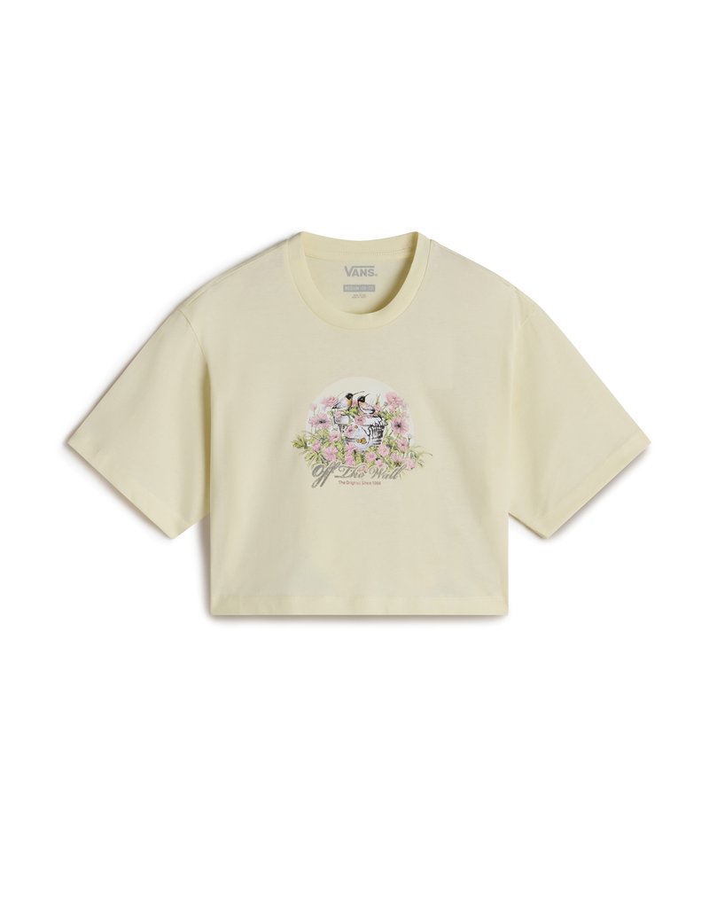 Cropped yellow cotton t-shirt with short sleeves. Features a floral graphic with birds at the center and text below in a decorative font.