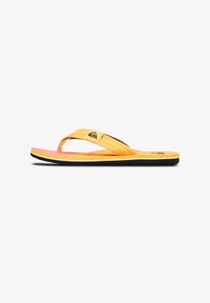 Yellow flip-flop sandal with a textured strap, cushioned sole transitioning from orange to pink, and a black rubber bottom.