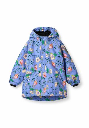 Hellblaues Regenjacke mit einem floralen Muster und Vögeln, elastischer Kapuze, Druckknopfverschluss und schwarz gefütterten Manschetten. Weicher Stoff, strapazierfähiges Material.