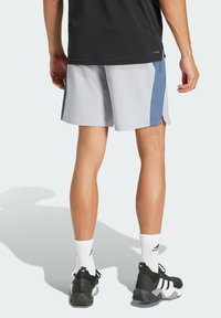 Shorts de sport pour homme en gris clair avec panneau latéral bleu ; disposent d'une coupe décontractée et de fentes sur les côtés pour faciliter les mouvements. Portés avec des chaussures de sport noires.