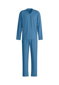 Blauwe langarmige V-hals top gecombineerd met bijpassende rechte broek, weergegeven op een witte achtergrond.