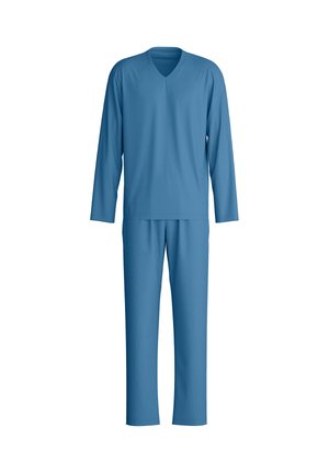 Completo blu a maniche lunghe con scollo a V abbinato a pantaloni dritti, presentato su uno sfondo bianco.