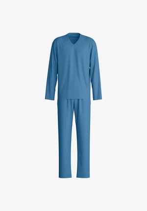 Completo blu a maniche lunghe con scollo a V abbinato a pantaloni dritti, presentato su uno sfondo bianco.