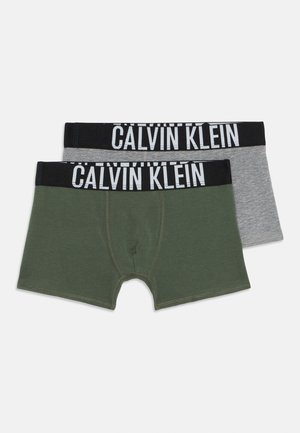 Twee paar boxershorts; één olijfgroen en één grijs. Beide hebben zwarte elastische taillebanden met "CALVIN KLEIN" in witte letters.