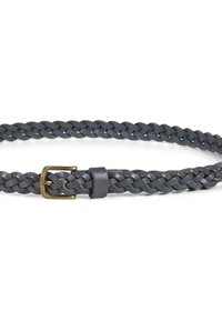 Cintura in pelle intrecciata di colore grigio scuro con fibbia in ottone. Presenta una texture liscia con una striscia decorativa vicino alla fibbia per una chiusura sicura.