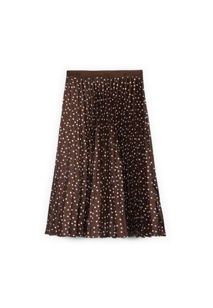 Hnědá plisovaná midi sukně s bílými a světle modrými puntíky, s hladkou texturou látky a širokým pasem.