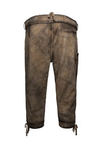 Pantalones cortos de cuero marrón con un acabado texturizado, con corte hasta la rodilla, lazos ajustables en los dobladillos y un bolsillo lateral.