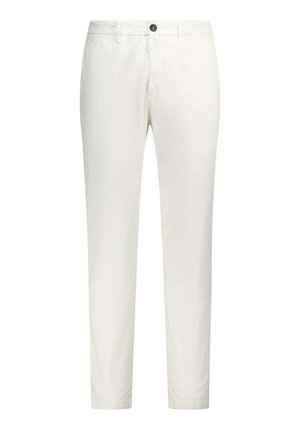 Pantalon blanc à jambes droites avec passants pour ceinture, bouton à l'avant et fermeture éclair, présenté sur un fond blanc uni.