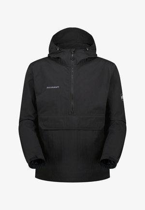 Zwarte waterdichte jas met capuchon, rits aan de voorkant, elastische manchetten, Mammut-logo op de borst en arm, en een groot klepzak aan de voorkant.