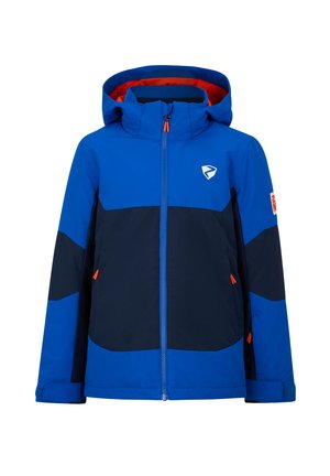 Blaue Skijacke mit dunkelblauen Akzenten, verstellbarer Kapuze, Frontreißverschluss und orangefarbenen Zipperziehen. Enthält Seitentaschen und Logodetails auf der Brust.