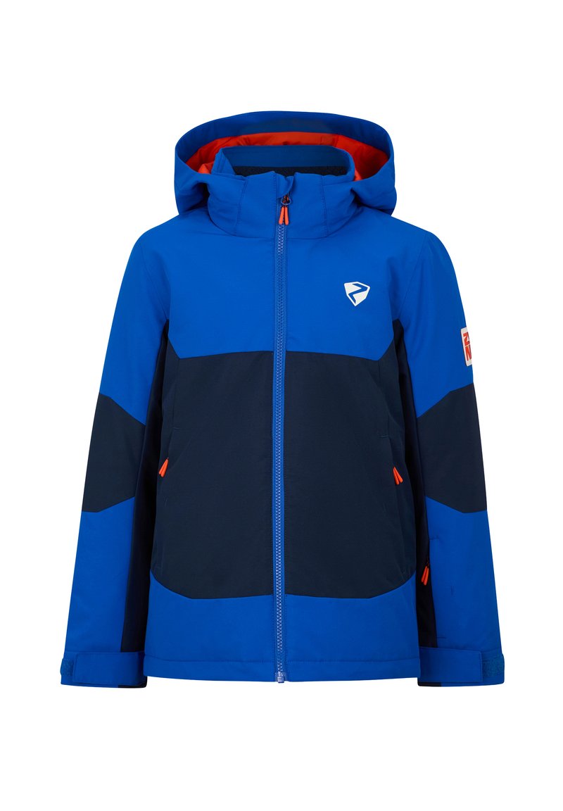 Blaue Skijacke mit dunkelblauen Akzenten, verstellbarer Kapuze, Frontreißverschluss und orangefarbenen Zipperziehen. Enthält Seitentaschen und Logodetails auf der Brust.