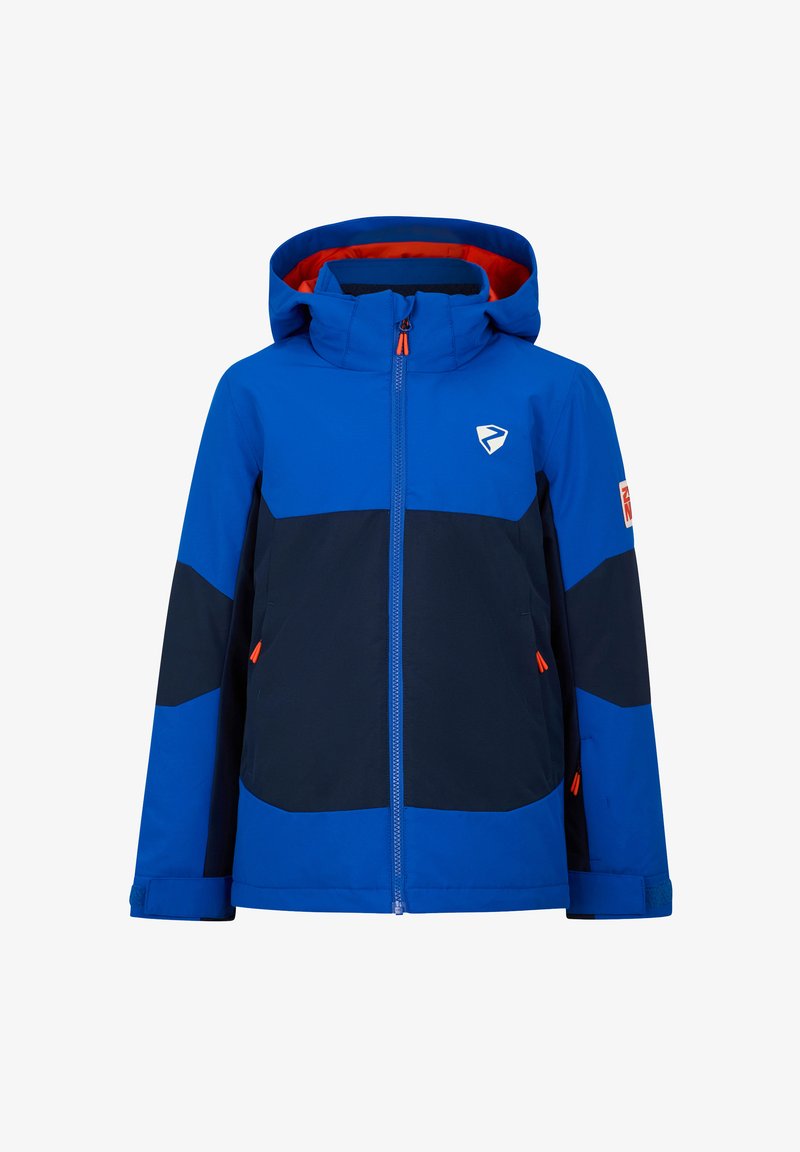Blue ski jacket with dark blue accents, adjustable hood, front zipper, and orange zipper pulls. Includes side pockets and logo detail on chest.