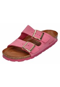 Sandales en daim rose avec deux brides réglables et boucles en or. Semelle en liège et semelle texturée rose. Le nom de la marque "ROHDE" est visible.