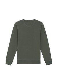 Donkergroene sweatshirt met ronde hals, lange mouwen en ribgebreide manchetten. Gladde textuur en minimale stikseldetails.