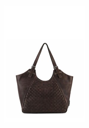 Bolso de mano de cuero marrón oscuro con panel frontal tejido, dos correas para el hombro con detalles de hebilla y forma trapezoidal sobre fondo blanco.