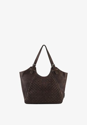 Borsa a mano in pelle marrone scuro con pannello frontale intrecciato, due spalline con dettagli a fibbia e forma trapezoidale su sfondo bianco.