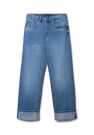 Helle blaue Denim-Jeans mit einem lockeren, weit geschnittenen Design. Sie verfügt über eine hohe Taille, fünf Taschen und umgeschlagene Säume für einen lässigen Look.