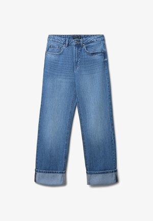 Helle blaue Denim-Jeans mit einem lockeren, weit geschnittenen Design. Sie verfügt über eine hohe Taille, fünf Taschen und umgeschlagene Säume für einen lässigen Look.