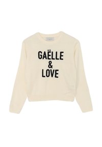 Maglione crema con scollo a girocollo, caratterizzato da scritte nere "GAËLLE & LOVE" ben in evidenza sulla parte anteriore. Morbida texture a maglia.