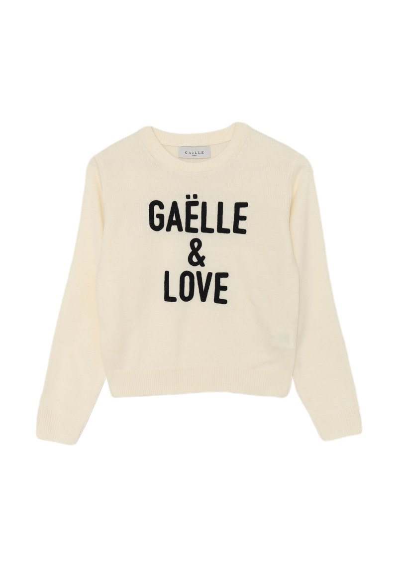 Maglione crema con scollo a girocollo, caratterizzato da scritte nere "GAËLLE & LOVE" ben in evidenza sulla parte anteriore. Morbida texture a maglia.